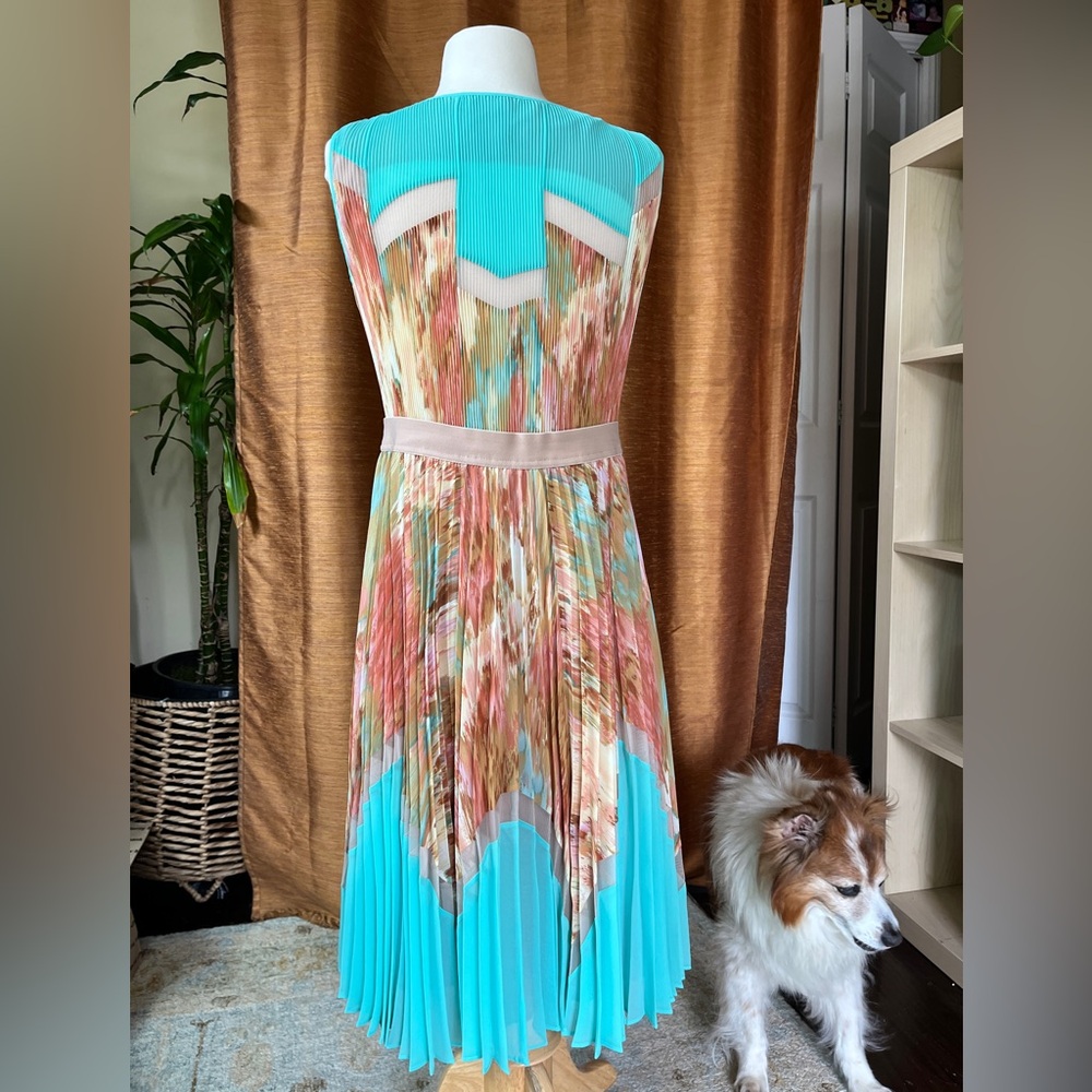 BCBGMaxAzria Blue and Pink Pleated Strapless Midi Dress